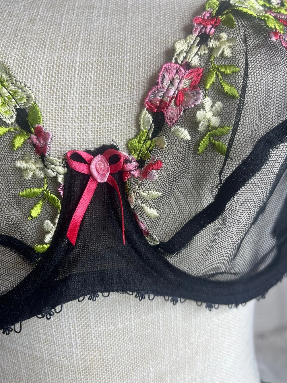 Freya Black Sheer Embroidered Bra & Thong  Set with Pink and Green Accents